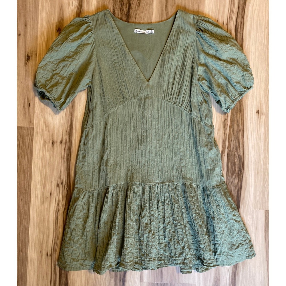 Abercrombie & Fitch Olive Green Puff Sleeve Tiered Babydoll Mini Dress Small